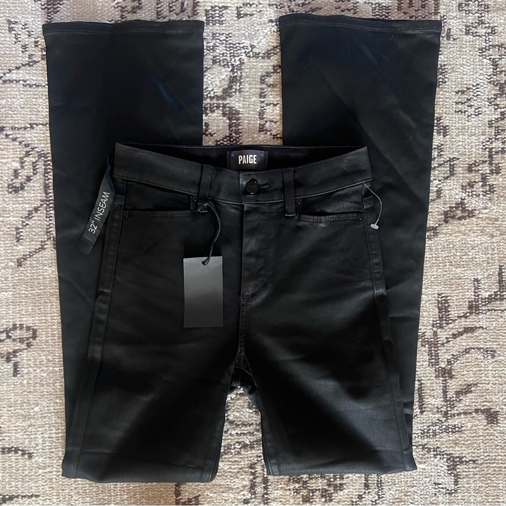 Paige High Rise Manhattan Bootcut Coated Leather Black Jeans S 25 - Picture 2 of 10